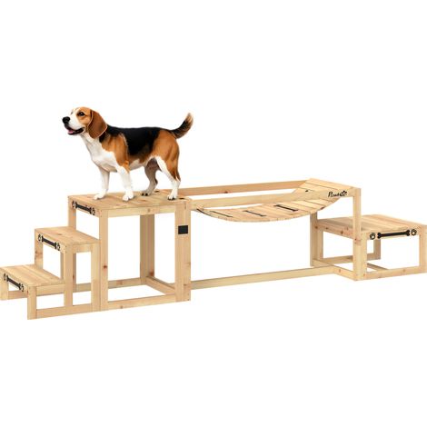 Conjunto de 3 piezas de madera para entrenamiento de agilidad canina con puente blando, plataforma de pausa y escalera para mascotas para exteriores, madera natural. (1/5)