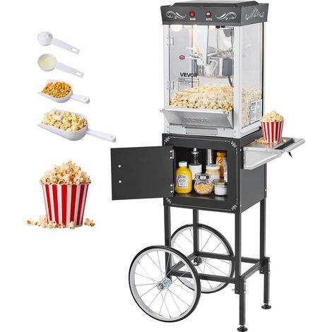 Machine à Pop Corn avec Chariot, Éclateur de Maïs 800 W, Grand Bol en Inox 0,2 kg, 48 Tasses par Lot, avec Commande à 2 Boutons, Paroi en Verre, Porte PC, Pelle Doseuse et Cuillères, Noir (1/5)