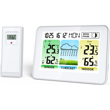Station météo sans fil avec écran couleur, thermomètre et hygromètre intérieur/extérieur, prévisions météo, réveil, calendrier, phases de la lune, alimentation USB, capteur sans fil pour la maison (1/5)