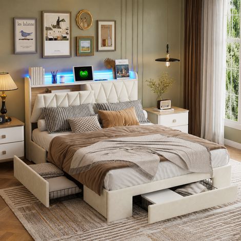Lit double capitonné 140×200 cm,lumière LED et port USB,cadre de lit 140×200,3 tiroirs de rangement,lit coffre,tête de lit coffre,style moderne,sommier à lattes,lit adulte,lit ados,Velours,Beige (1/5)