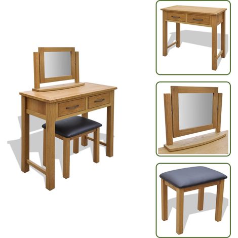 The Living Store Coiffeuse avec tabouret Bois de chêne massif - Coiffeuse chêne naturel (1/5)