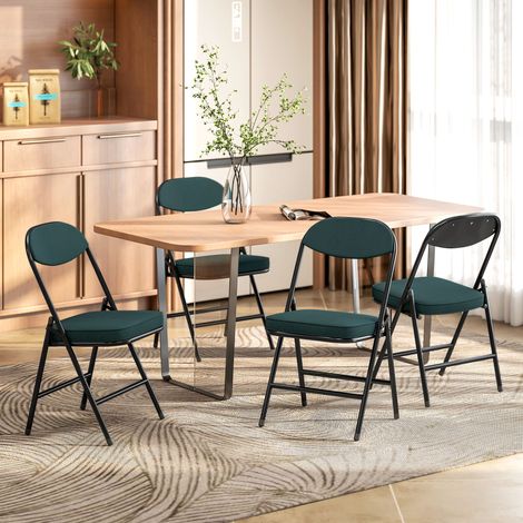 Juego de 4 sillas plegables, sillas de comedor portátiles con asientos y respaldos acolchados en pana azul.