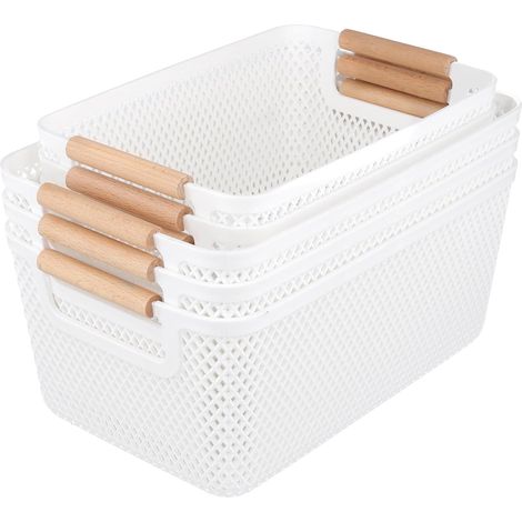 Panier Rangement 6PCS avec Poignées en Bois - 2 Tailles 26,5x18,4x12cm et 30,5x20,4x14,2cm - Blanc - Boîte de Rangement Empilable pour Cuisine, Salle de Bain, Bureau (1/5)