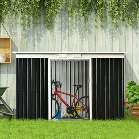 Outsunny XXL 3,6 m² Gartenhaus aus verzinktem Stahl mit Fundamentset, 280 x 130 x 172 cm, Gartenhaus/Geräteschuppen mit abschließbaren Schiebetüren und Belüftung, Schwarz