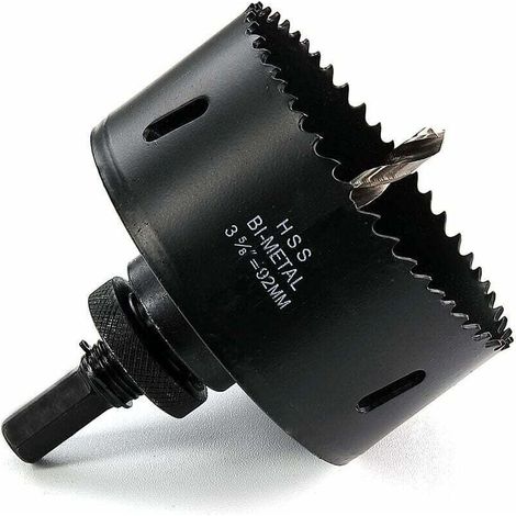 92 mm HSS M42 Bimetall-Lochsäge aus Schnellarbeitsstahl mit Sechskantschaft und Bohrer für Holz, Gipskarton und Blech, schwarz