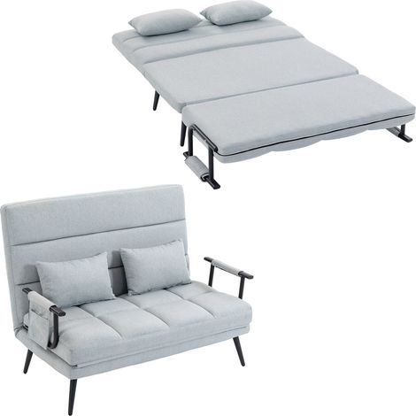 HOMCOM sofá cama 2 plazas convertible, 3 en 1, sofá cama plegable, tapizado en lino, respaldo ajustable, 2 almohadas, 127x73x95 cm, gris claro (1/5)
