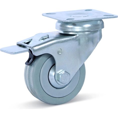 Roulette pivotante freinée - MESO - Caoutchouc gris - Platine - 50mm - 50kg