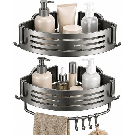 Set di 2 mensole angolari per doccia — Senza foratura, con ventose — Alluminio antiruggine — Include portasciugamani e ganci —  per bagno — Grigio