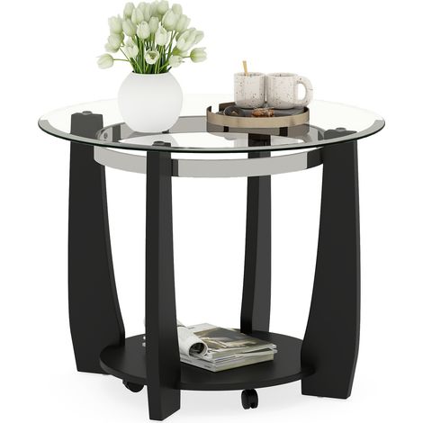 COSTWAY Glass Coffee Table 81CM 2-Tier Round Center Table w/Storage Shelf-Black (1/5)