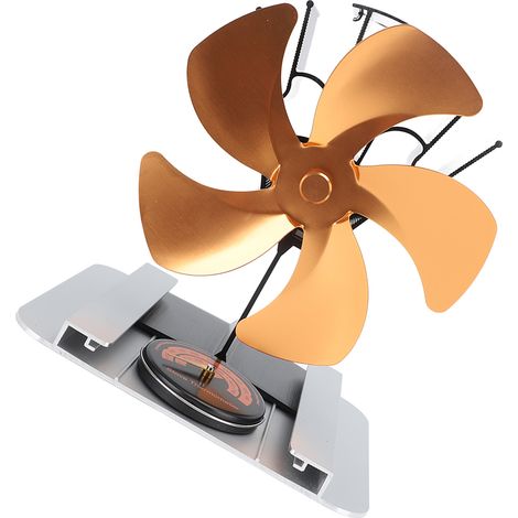 Ventilateur de poêle à bois vertical à 5 pales en alliage d'aluminium, alimenté par la chaleur, avec thermomètre intégré, pour poêle à pétrole et poêle à bois (couleur or). (1/5)