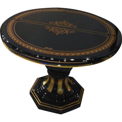 Table à manger ronde extensible bois vernis laqué brillant noir et doré Lesly 110 à 160cm (1/3)