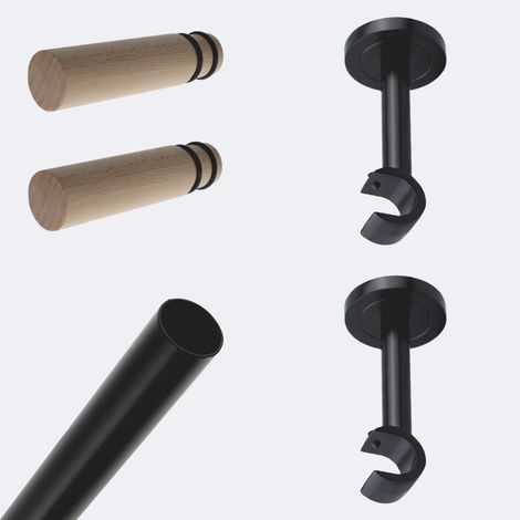 Kit de tringle à rideaux Noir Mat 200cm Diam.20mm Embout Cylindre Bois - Fixation Mur - Boulet (1/3)