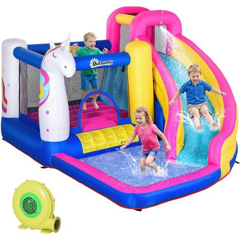 Château licorne multicolore 360x305x210 cm avec toboggan, piscine, matelas et gonfleur, parc aquatique enfant féerique et ludique