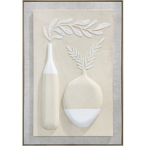Lienzo enmarcado con diseño pintado a mano en tonos neutros con relieve, 123x83cm