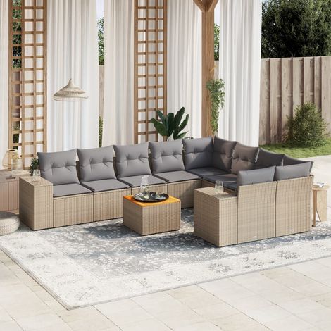 Ensemble Salon Jardin 10 Places Résine Tressée Beige avec Coussins Gris - Table Acacia - Meuble Extérieur Modulaire (1/4)