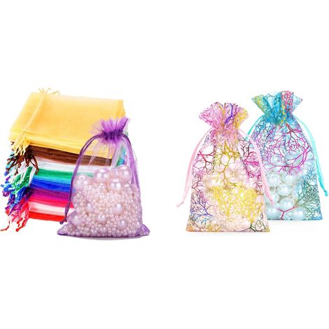Lot Emballage – 100 Sacs Organza Colorés 10×15 cm + 50 10 x 12 cm Motif Corail Coloré Pochette Organza (1/5)