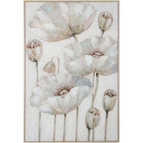 Poppy Stems Hand-Painted Canvas Wall Art in Wooden Frame - L3 x W82 x H122 cm - Beige