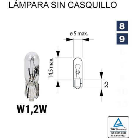 Bombilla lampara w1.2 12v 1.2w t5 w2x4,6d (pack 10 unidades)coche moto (1/2)