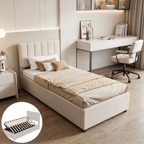 Lit coffre simple 90x200cm, Lit enfant 90x200 avec rangement et tete de lit réglable, Cadre de lit 90x200 avec sommier à lattes, Lit 1 place en lin, sans Matelas, Beige (1/5)
