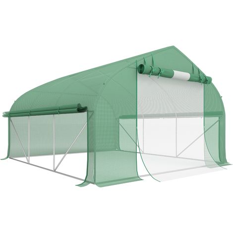 Serre tunnel de jardin 10,4 m², anti-UV, porte enroulable avec fermeture éclair, fenêtres en maille, 350x300x200 cm, vert (1/5)