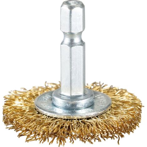 Brosse à disque, fine, fil de laiton, Ø 75 mm pour le métal et la pierre, brosse métallique pour perceuse, y compris tige hexagonale E6.3, pour dérouiller, décalaminer, rendre rugueux et nettoyer (1/3)