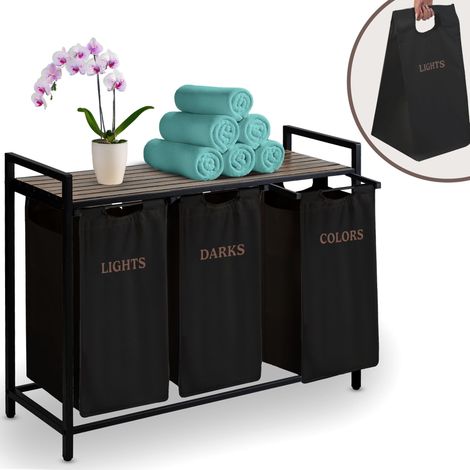 Panier à linge 3 compartiments 120 l Avec sacs à linge et étagère Noir 93 x 72 x 32 cm (1/5)