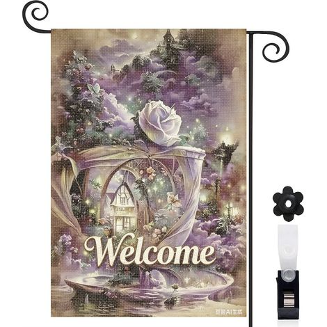 Drapeau de jardin rose violette et château féerique 30 x 45 cm décoration extérieure jardin (1/5)