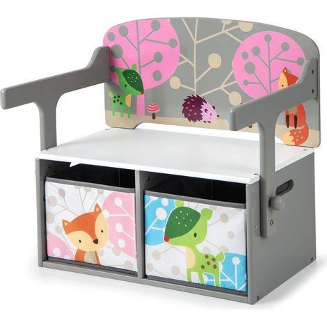 Pour enfant et crèche : table bureau convertible 3 en 1 et banc d'activité avec 2 bacs de rangement en tissu MDF gris (1/5)