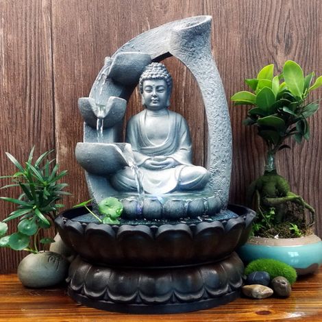 Einzigartiger Buddha-Tischbrunnen aus Kunstharz mit Beleuchtung, EU-Stecker 220 V (1/5)