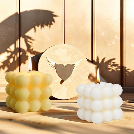 2er Set Bubble Kerzen handgemacht aus Sojawachs, Duftkerzen weiß+gelb