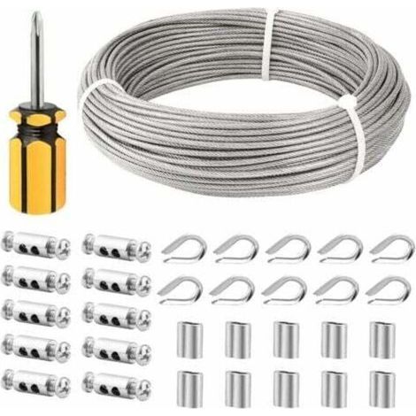 Cable Inox 3mm,50M/3mm Corde en Acier Inoxydable,Cable en Acier Revêtu avec Serre-Câbles,M3 Manchons,Cosses en Acier Inoxydable,3mm Cable Métallique pour Fil a linge,Cable de Garde Corps (1/5)