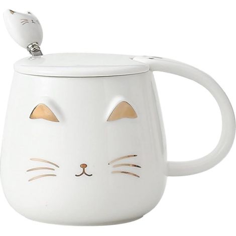1 Tasse chat, céramique, blanc et or, 450ml, avec couvercle et cuillère, pour thé et café, idée cadeau (1/5)