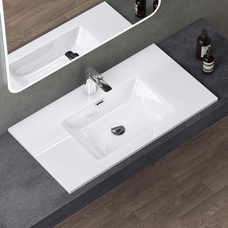doporro Waschbecken Einbauwaschbecken mineralguss 80x48x14 cm weiß Einbauwaschtisch mit Überlauf Waschtisch Handwaschbecken Col02 (1/5)