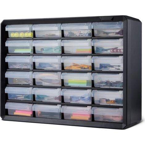 Casier de Rangement, Bloc 24 Tiroirs en Plastique avec Séparateurs pour Bureau/Outils/Loisirs, Fixation Murale, 16 x 54,1 x 40,1 cm, Noir (1/5)