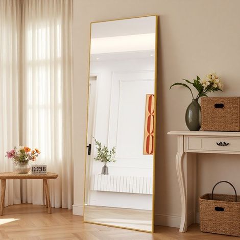 Specchio Grande Formato - 177x77cm - Vetro Temperato - Cornice Dorata - Supporto Autoportante/Murale
