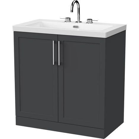 Stonnall Traditional Floor Standing 2 Door Vanity Unit with 3 Tap Hole Fireclay Basin, 800mm, Dark Grey (1/3)