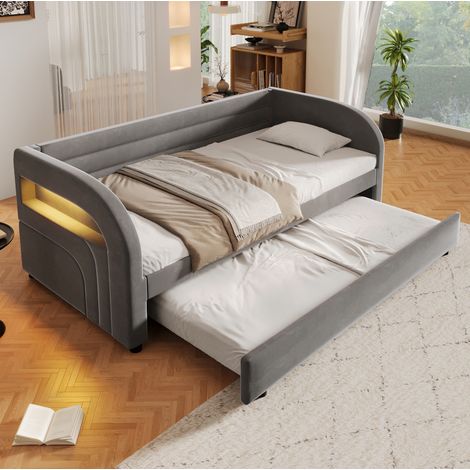 Bettgestell 90x200 cm Grau aus Flanell mit Ausziehbett und LED-Beleuchtung (1/5)