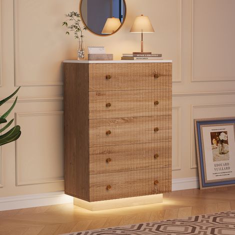 SUNFECILI - Commode - Meuble de rangement - 5 tiroirs - avec LED - design moderne - pour chambre salon - Couleur naturelle (1/5)