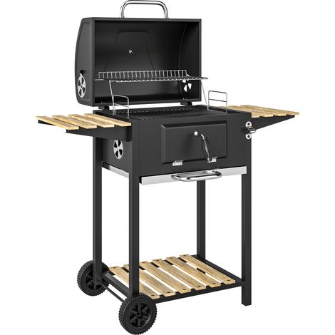 Barbecue charbon de bois réglable en hauteur avec grille, couvercle, thermomètre, étagères, roues et décapsuleur, noir (1/5)
