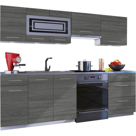 Dusine – Cuisine complète GIOVANNA 7 éléments – Mélaminé bois grisé 2,40 m – Casserolier 3 tiroirs – Poignées métalliques lourdes (1/2)