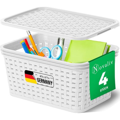 Novaliv lot de 4 paniers de rangement élégants avec couvercles aspect rotin Plastique alimentaire blanc 2L pour le bureau et la maison. Boîtes de