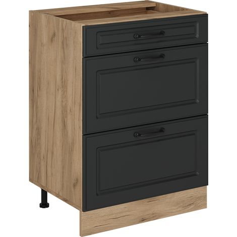 Mobiletto base per cucina R-Line, Antracite casa di campagna, 60 cm con cassetti, senza piano di lavoro, Vicco
