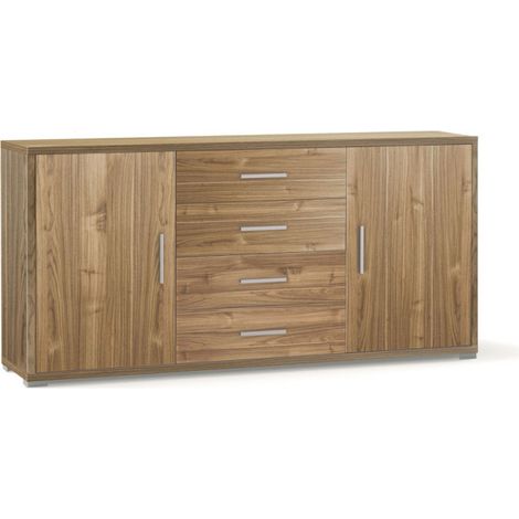Mueble móvil con 2 puertas y 4 cajones, 174L x 41P x H84 – Acabado en madera nogal – Sarmog