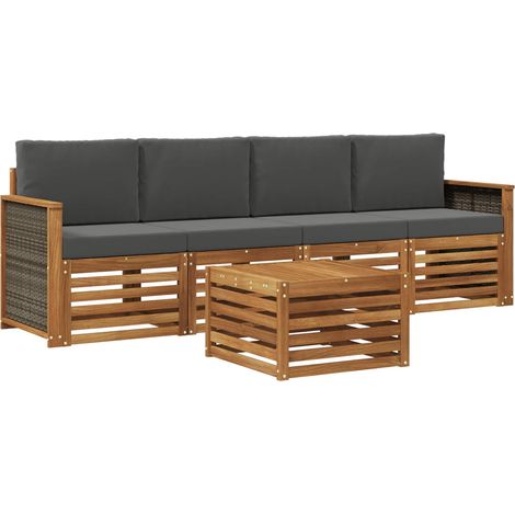 Set di divani da esterno con cuscino 5 pz Salotto da Giardino Naturale e Antracite (1/5)