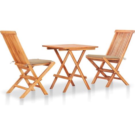 3-tlg. Bistroset mit Beigen Kissen Massivholz Teak