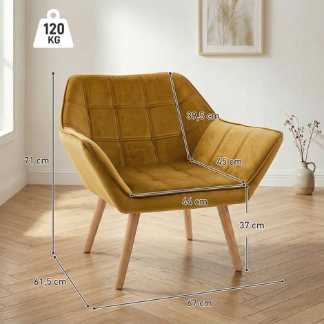 Fauteuil rembourré, fauteuil d'appoint, design scandinave, aspect velours, jusqu'à 120 kg, pieds en hévéa, jaune (1/5)