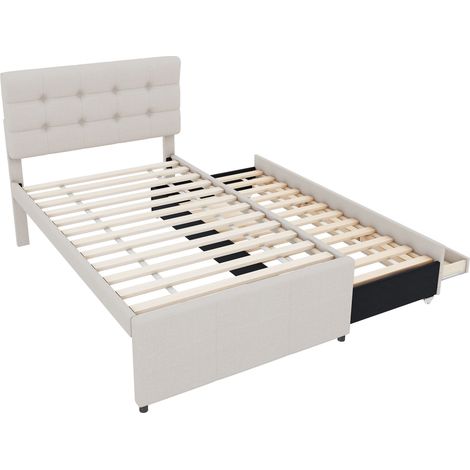 Lit rembourré 90x200 cm beige avec lit gigogne, 3 tiroirs et tête de lit réglable, sans matelas (1/5)