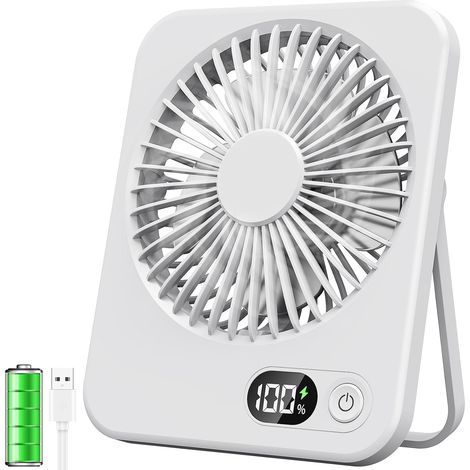 Mini Ventilateur de Bureau USB Portable avec Écran LCD - Batterie 2500mAh, Silencieux 5 Vitesses, Rechargeable pour Bureau, Maison, Camping (Blanc) (1/5)