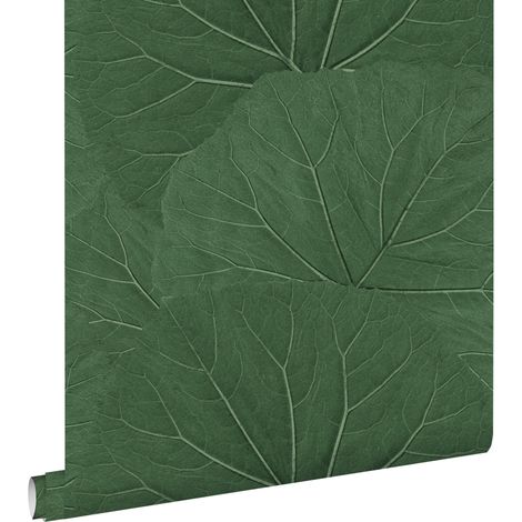 papier peint grandes feuilles vert foncé  - ESTAhome