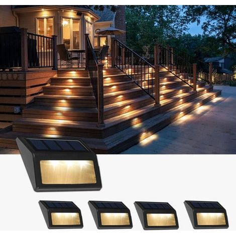 Lot de 4 lampes solaires d'extérieur étanches pour escaliers, terrasse, jardin, garage, allée, chemin et mur extérieur, blanc chaud (1/5)